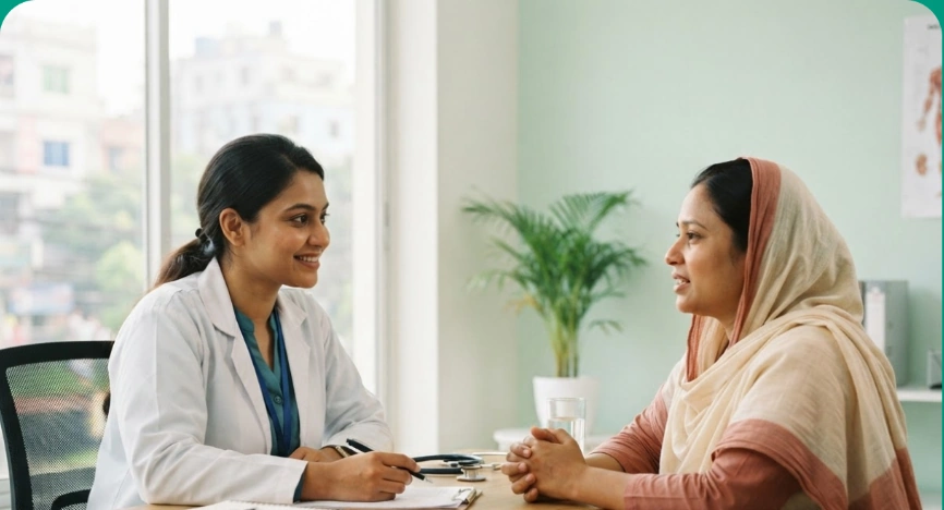 A doctor listening to a patient during a consultation