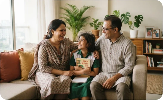 A Bangladeshi family sitting together at home: a mother, father and child
